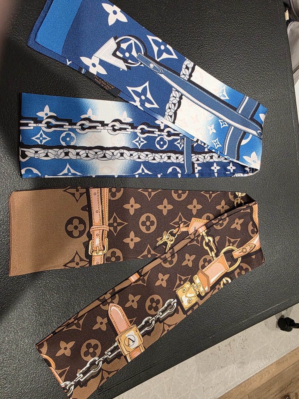 Luxury Inspired Monogram Brown and Blue Twilly Scarf Set Of 2